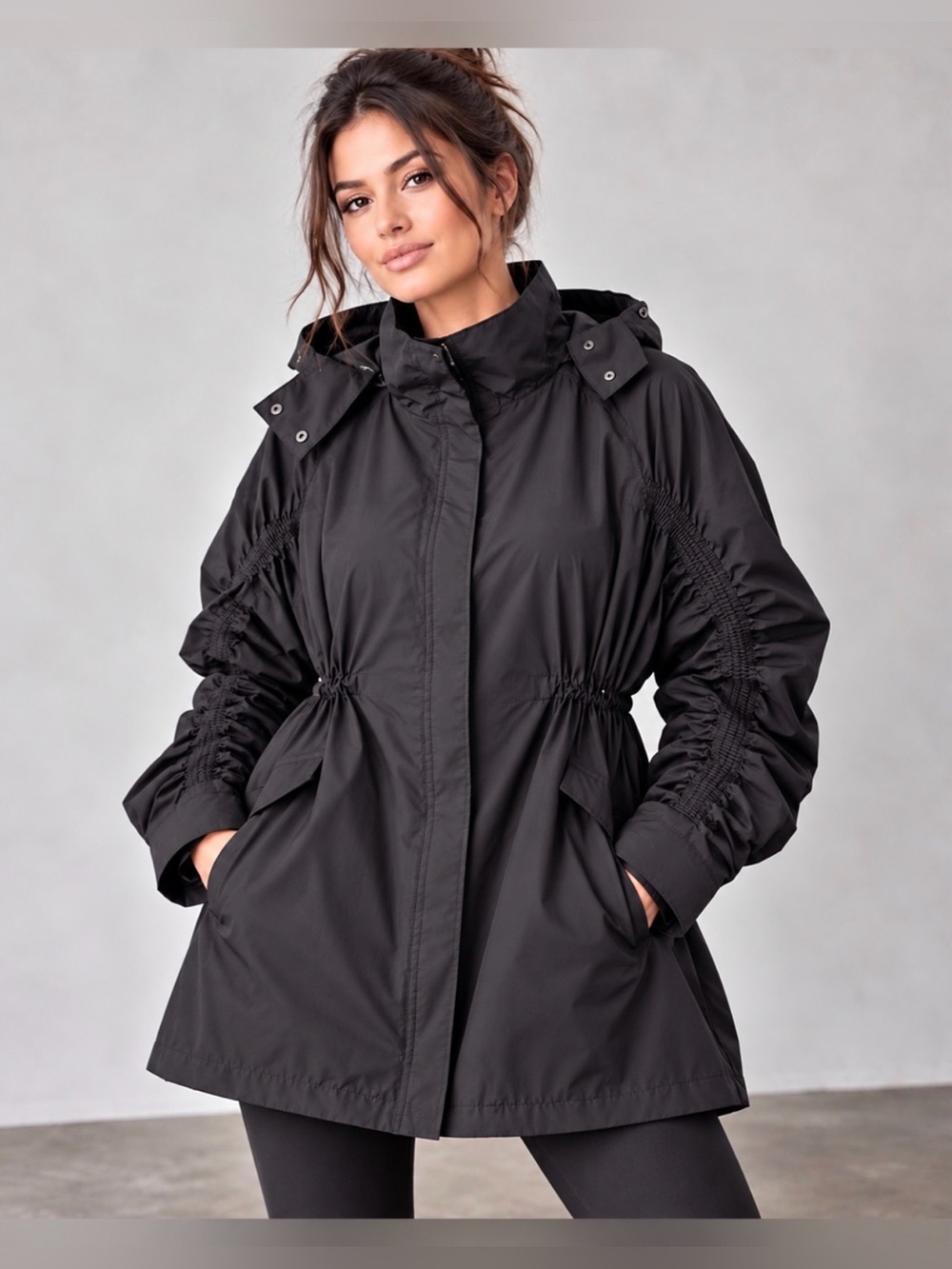 Fabletics Cinched-Waist Utility Jacket Black Utility Jacket Detachable Hoodie 2X